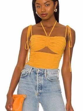 LPA Mustard Ruched Cutout Halter Tie-Shoulder Crop Top
